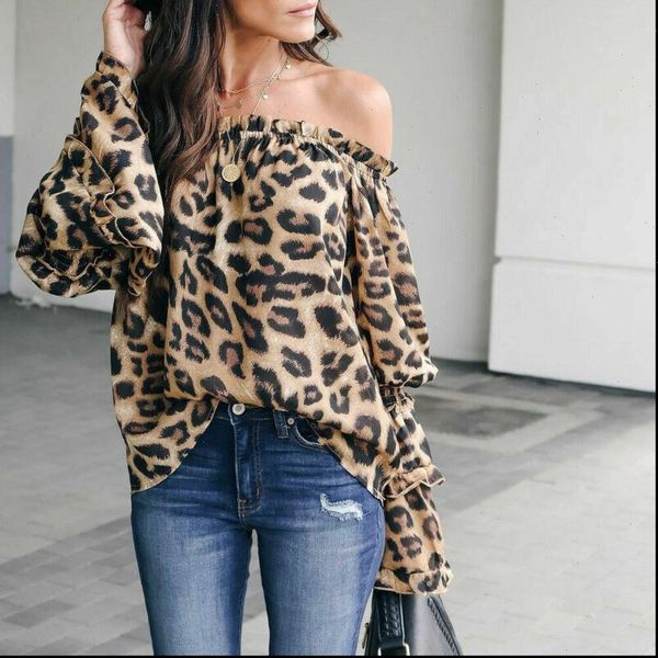 

leopard print long sleeve women blouses autumn off shoulder loose casual, White
