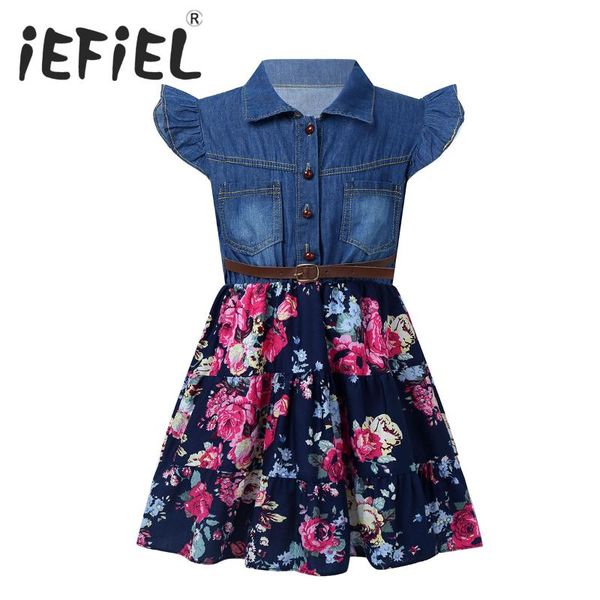 

girl's dresses summer kids teen girls flying sleeve floral print denim a-line dress for princess party children clothing, Red;yellow