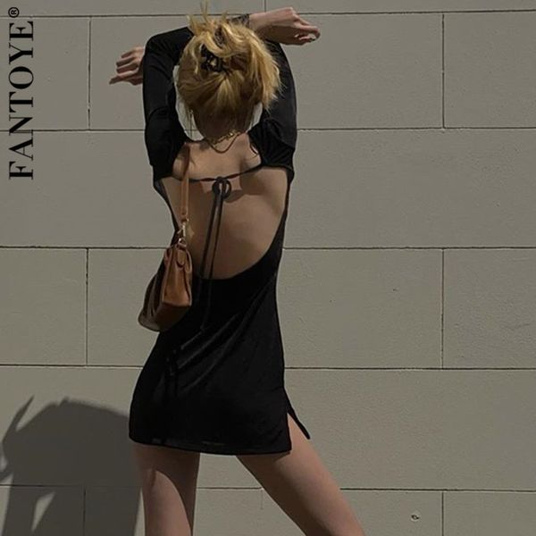 

casual dresses o neck bandage backless women autumn long sleeve split slim bodycon mini black elegant party n306, Black;gray