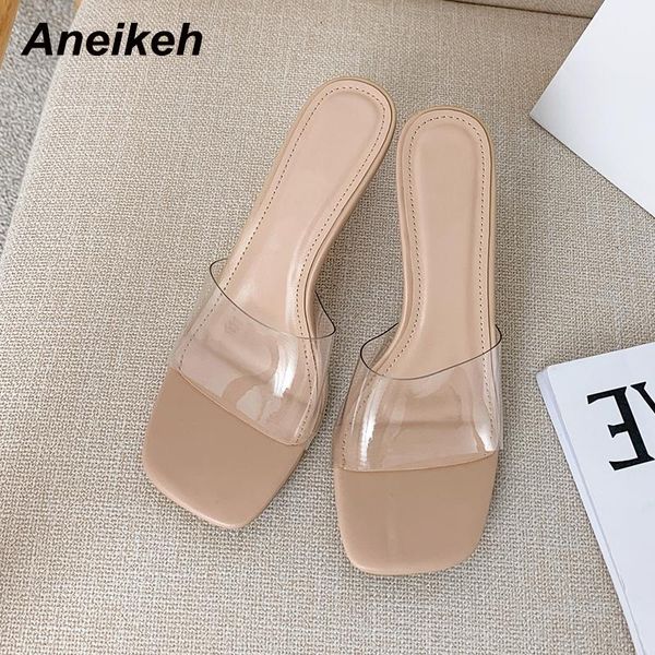 

aneikeh summer 2021 fashion women's jelly shoes slippers pvc bling solid outside thin heels shallow concise black size35-39
