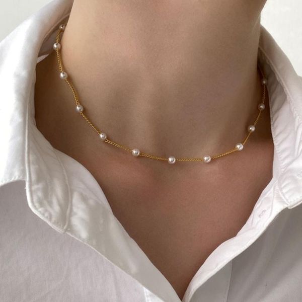 

chokers 2021 pearl beads necklace girl's neck chain kpop choker goth chocker jewelry on the pendant for women, Golden;silver