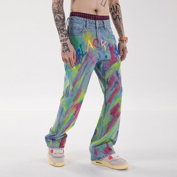

men's jeans graffiti hand painted frayed streetwear casual for men straight harajuku oversize loose denim trousers washed retro jean, Blue