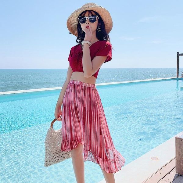 

korea style summer fashion tankini set swimsuits red black 3 pieces bathing suit camisole casual beachwear swimsuit one-piece suits