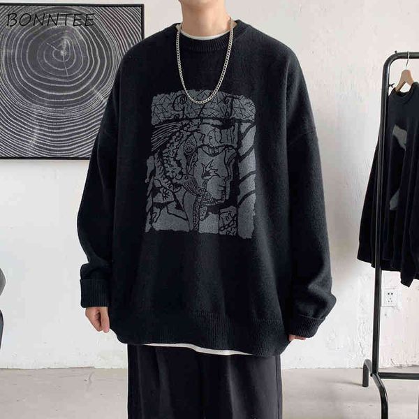 

pullovers men loose digned oversize trendy simple vintage sweaters teens basic streetwear all-match ins retro leisure, Black