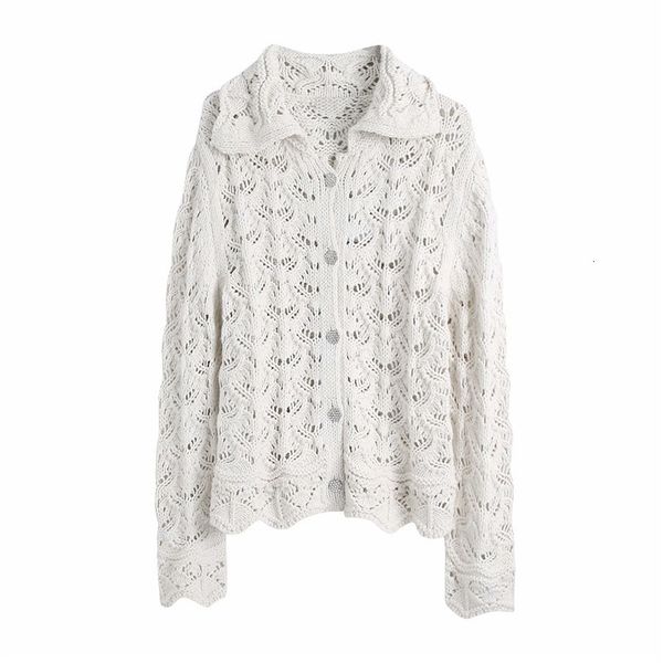 

women's knits & tees women fashion jewellery button za white knitted hollow out cardigans female casual long sleeve turn-down coll