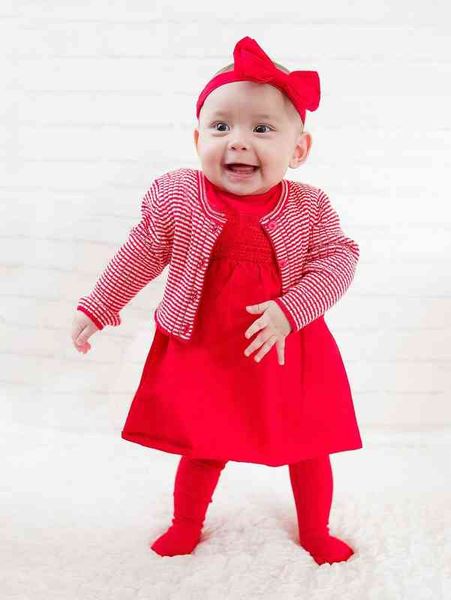 

baby button back knit dress and striped cardigan with headband she, White