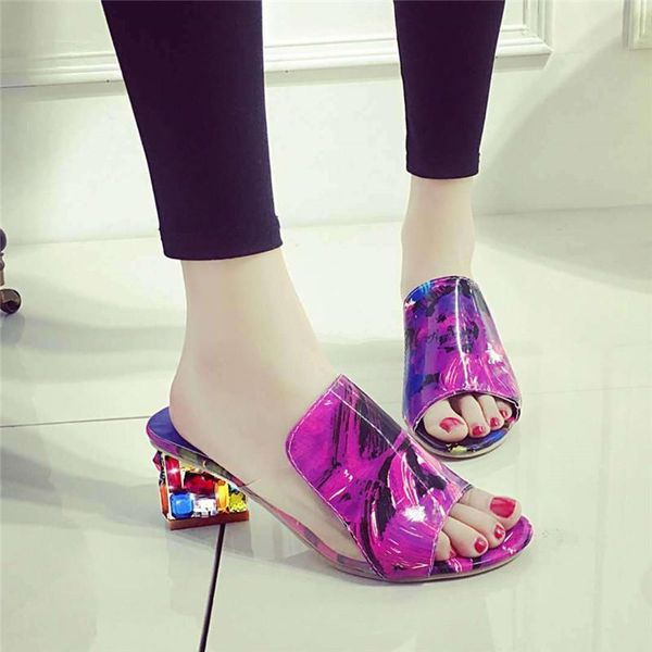 

dress shoes 2021 large sizes 35-41 colorful rhinestone crystals heels peep toe summer women's woman sandals slippers, Black