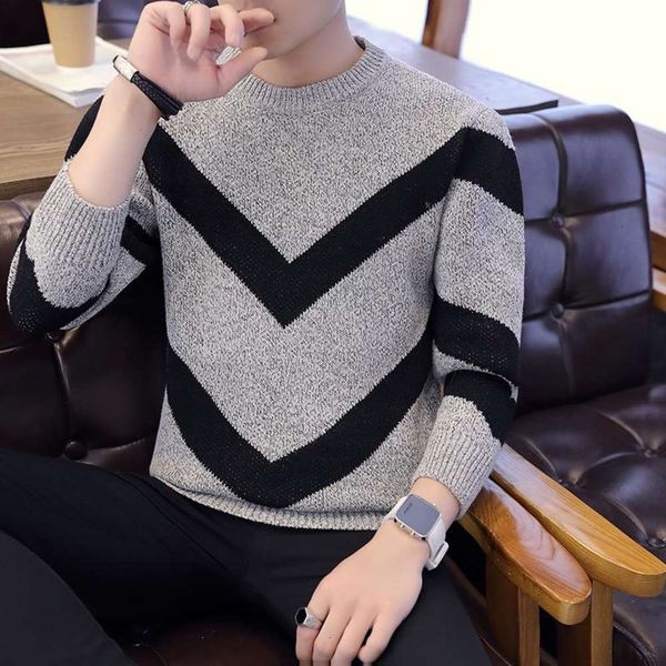 

men's sweaters fashion v-shaped stripes sweater thick warmth pullover round collar bottoming loose korean twk2, White;black