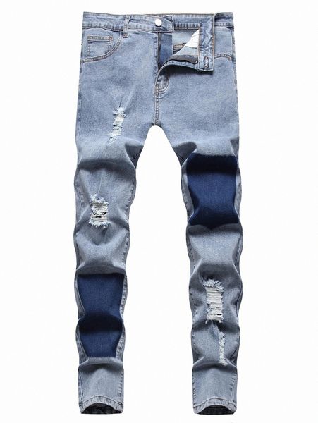 

romwe guys colorblock ripped jeans z453#, Blue