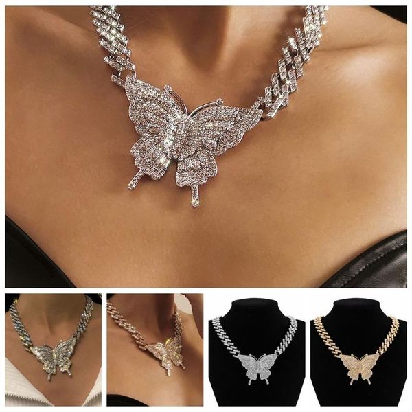 

chains equistite fashion inlaid rhinestone luxury shiny butterfly necklace cuban hip hop link chain, Silver