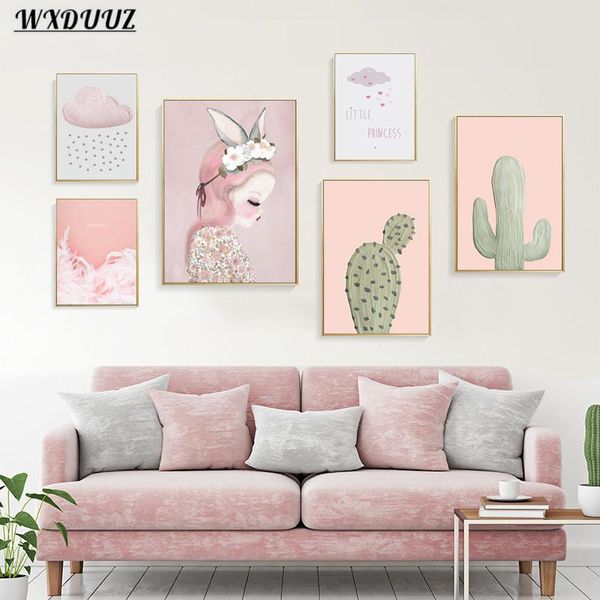 

paintings nordic cartoon little fresh painting pink girl art decor picture nursery kids room wall quality canvas poster home