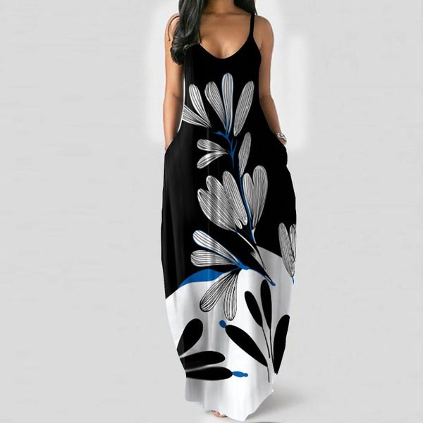 

casual dresses fashion women dress ladies loose summer v-neck print pocket sling sleeveless beach sundress vestidos plus size d8#, Black;gray