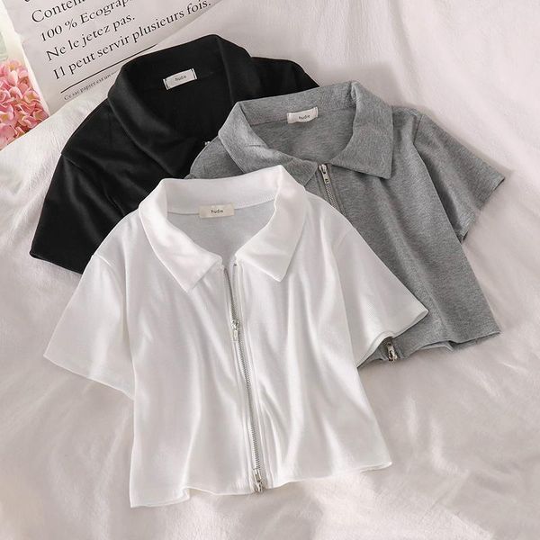 

women's t-shirt short sleeve design niche double zipper white with lapel shirt sneaky cropped slim fit ins fashion