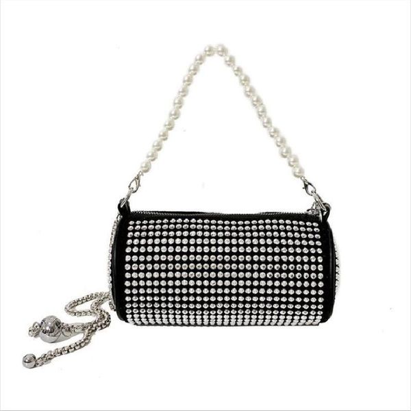 

evening bags bling rhinestone cylinder bag pearl handbag shoulder for women messenger ladies wedding party crystal