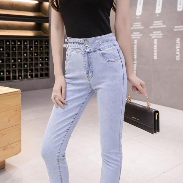 

design sense spring and autumn clothes korean elastic high waisted small leg pants versatile slim pencil cropped jeans woma women's, Blue