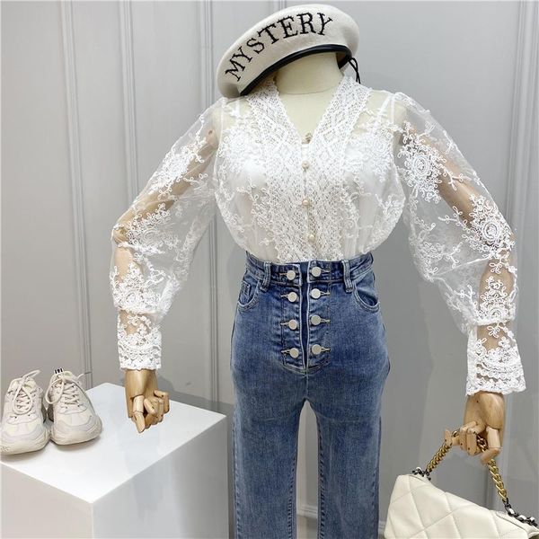 

women's blouses & shirts 2021 spring and summer retro v-neck hollow hook flower lantern sleeve mesh yarn lace shirt + suspenders 0229, White