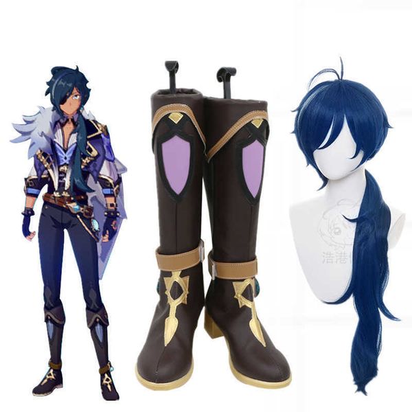 Genshin Impact Kaeya Cosplay Schuhe Stiefel Halloween Karneval Cosplay Kaeya Perücke Haar Kostüm Zubehör lange Röhre anpassen Y0903