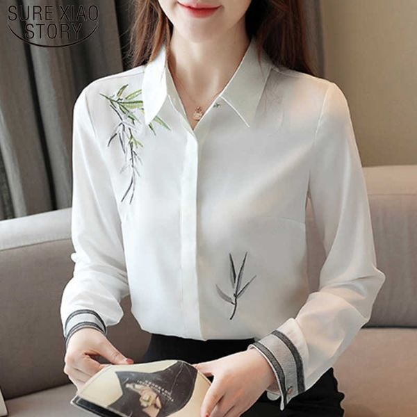 

fashion long sleeve casual autumn women blouse embroidery white print shirt slim loose shirt blusas feminina 7092 50 210527