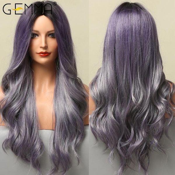 

synthetic wigs gemma long wave ombre black purple ash highlight for women afro natural middle part cosplay wig heat resistant