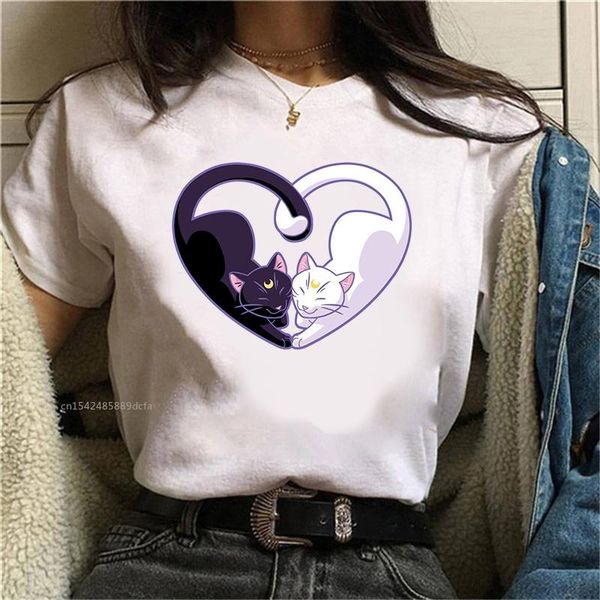 

women's t-shirt cute cat love t-shirts anime summer harajuku kawaii clothes, White