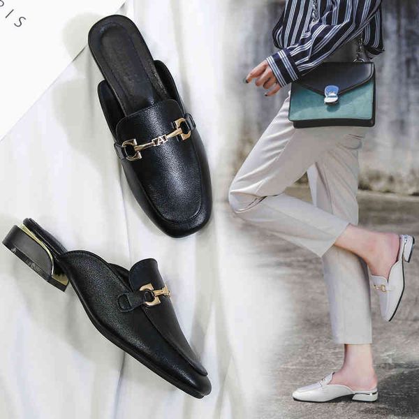 

plus size 41 42 43 mules for women low heel classic horsebit buckle soft pu leather black beige slippers mules shoes women 210520