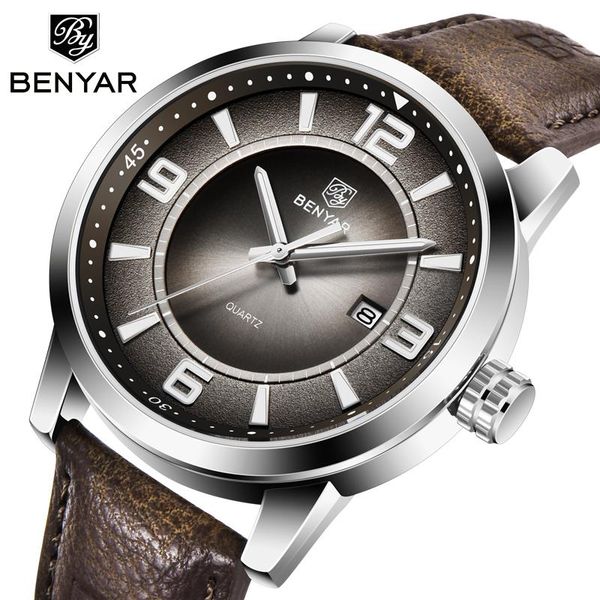 

wristwatches 2021 benyar quartz watches for men genuine simple wristwatch mens luxury business watch waterproof clock reloj hombre, Slivery;brown