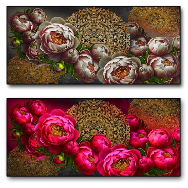 

paintings vintage pattern art canvas painting golden mandala and red rose flower coexisting wall poster as a living room decoration