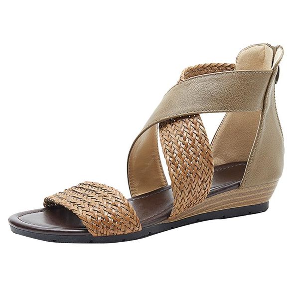 

dress shoes soft sole women sandals straw braided open toe street summer vintage daily wedge zipper casual beach ankle strap fashion, Black