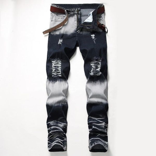 

men's straight jeans distressed denim pants winter ripped trousers, Blue