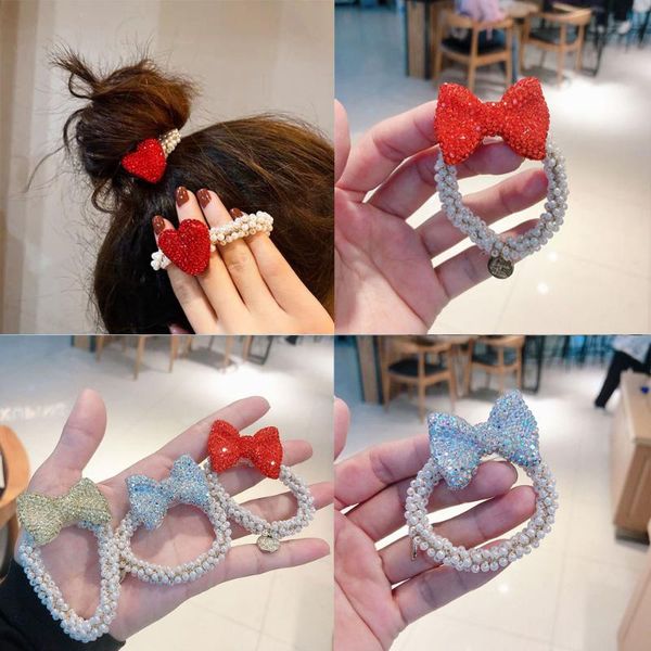 

hair accessories korean cute rhinestones bow ropes for girls kids fashion sweet small pearl ties children's ponytail, Slivery;white