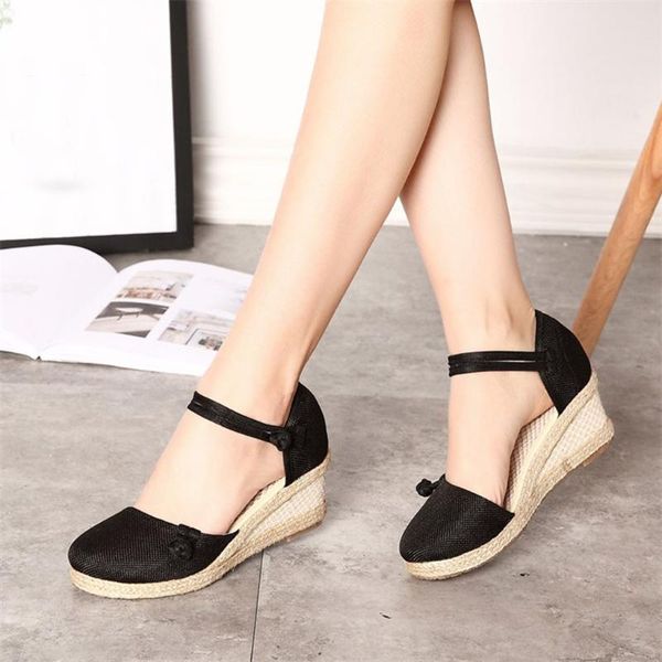 

sandals women ladies straw rope retro linen canvas wedge round toe singles shoes elegant closed, Black