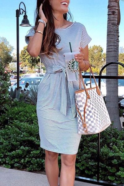 

round neck short sleeve waist bowknot cotton stripe dress two piece, White