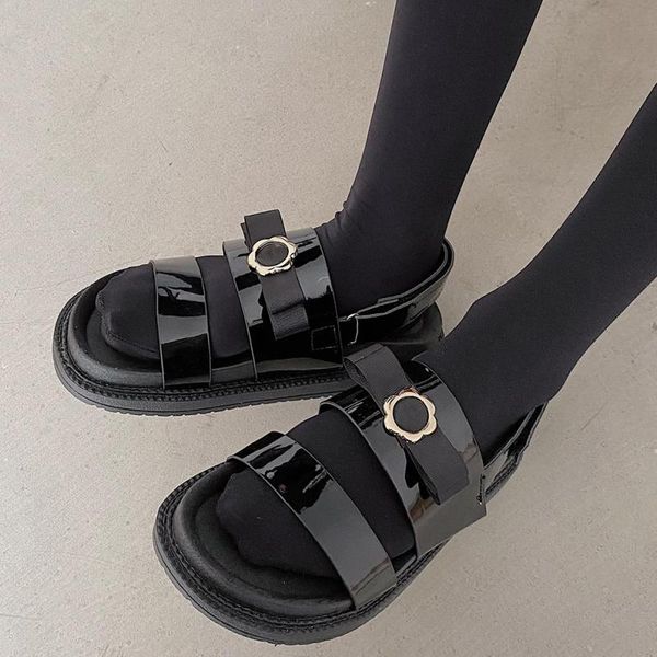 

sandals 2021 summer women's leather flats brand women shoes black open toe hook & loop ankle strap sandalias