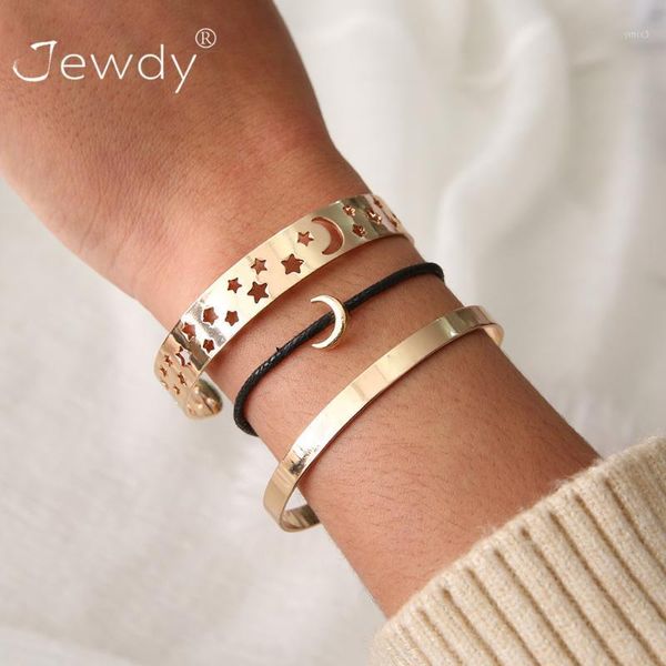 Jewdy 3 Teile/satz Frauen Mode Hohl Mond Stern Leder Multilayer Gold Silber Armband Retro Kleidung Schmuck Senden Mädchen Armreif