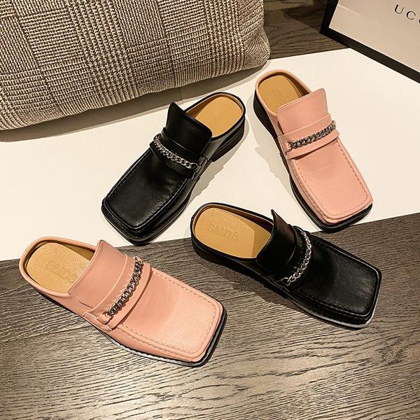 

slippers genuine leather mules femme square toe metal chain women sandals summer shoes cowhide cover wood heels slides 2021, Black
