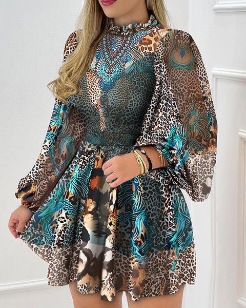 

casual dresses rmsfe 2021 ladies autumn long sleeve temperament high neck leopard print waist fashion dress, Black;gray