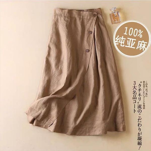 

linen solid color spring and womens skirt summer casual a line elastic waist, Black