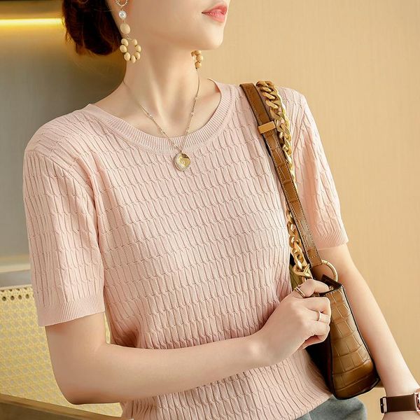 

women's t-shirt knitted short-sleeved 2021 style high-end sweater, White