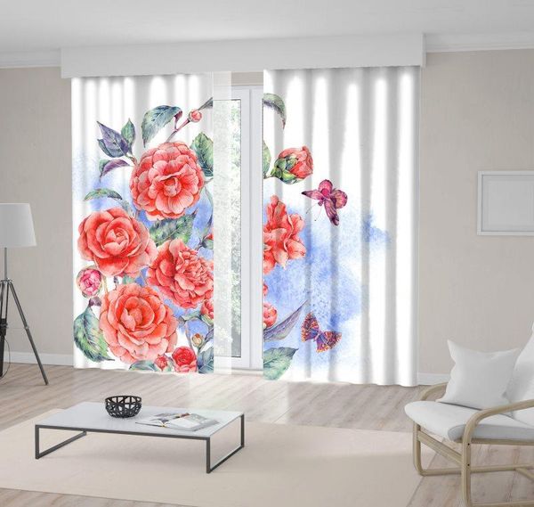 

curtain & drapes with bouquet roses flowers and butterflies nature vintage garden watercolor art pink green blue