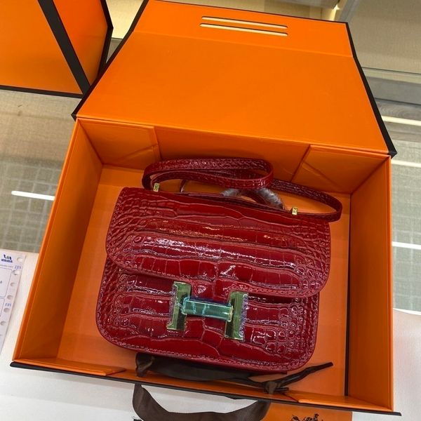 

her/me one shoulder messenger bag crocodile 2021 cowhide kangkang bag h-button stewardess leather women's small square designers