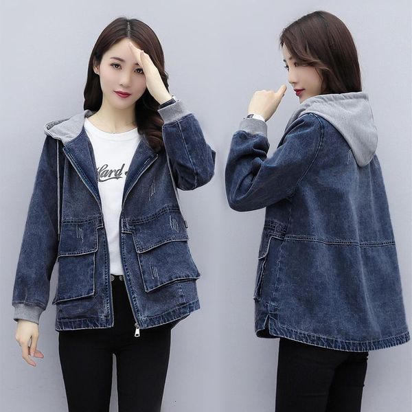 

women's jackets coat jeans with hoodie sewing, spring and fall, feminine, large pocket, custom, , simple, 6upl, Black;brown