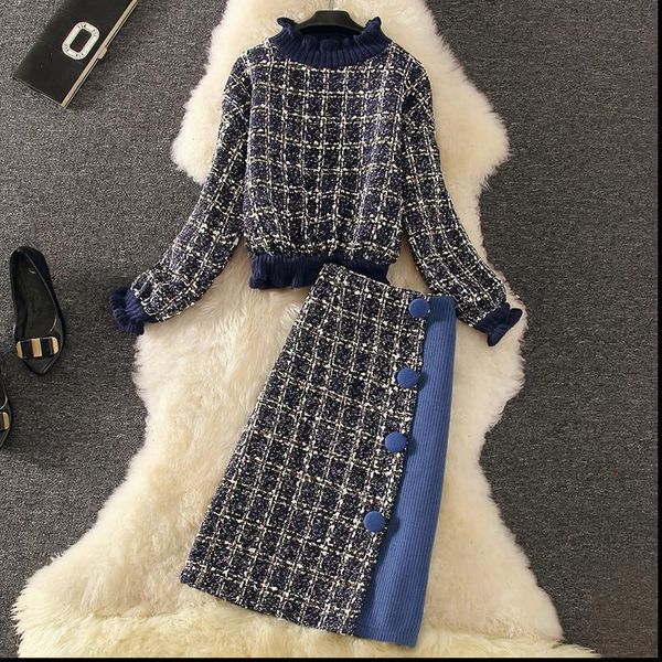 

women tracksuits elegant plaid 2 pieces sets autumn winter tweed two woolen skirts suits pullover jumpers, Gray