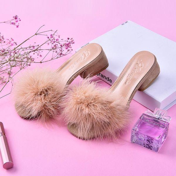 

slippers women candy colors ostrich fur thick heels platform beige black square toe peep cute plush furry sandalias flip flops