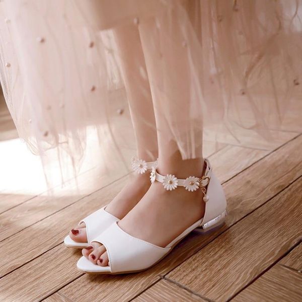 

flower lovely girls sandals blue white pink cuban low hees lady peep toe ankle strap date party shoes plus size, Black