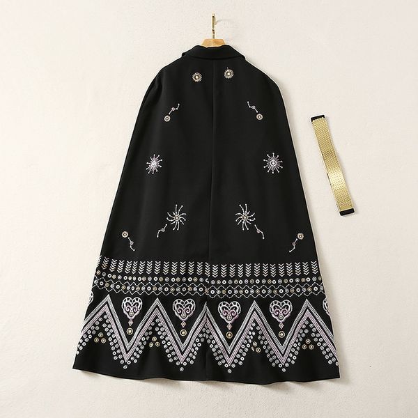 

dresses cape poncho autumn winter party evening women notched collar exquisite embroidery golden belt deco long blazer, Black;gray