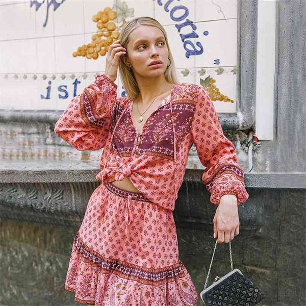 

long sleeve floral print spring dress sets boho summer short 2 pieces green bohemian beach vestidos 210427, Black;gray