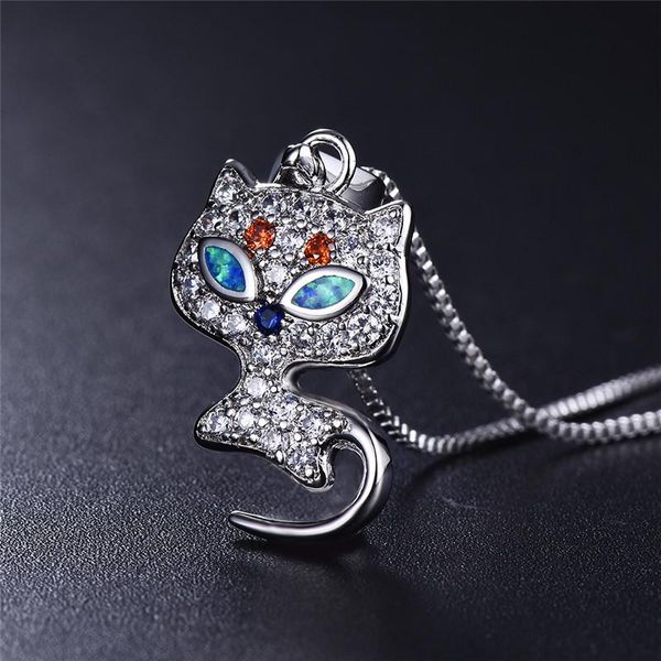 

pendant necklaces fashion silver color chain necklace vintage punk small cat blue opal orange zircon for women jewelry