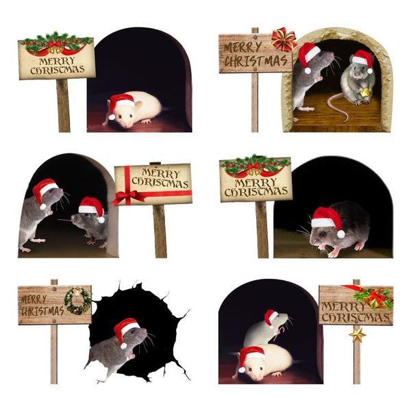 Wandaufkleber, 6 Stück, lustige Mäuse im Loch, 3D-Weihnachtshaus, Wohnzimmer, Schlafzimmer, kreative Cartoon-Feiertagsdekoration, Aufkleber