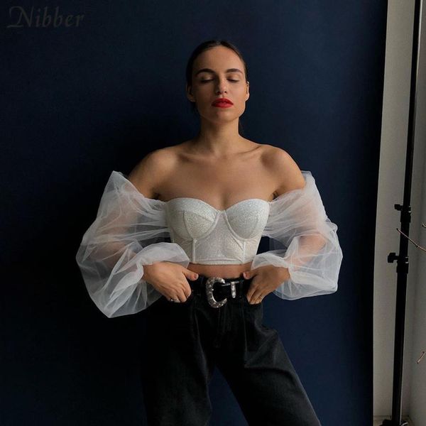 

french romantic elegance mesh womens t shirts crop club party night off shoulder tee shirt summer ladies leisure vacation tees, White