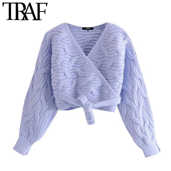 

traf women fashion with bow tied cropped wrap cable-knit cardigan sweater vintage long sleeve female outerwear chic 210415, White;black